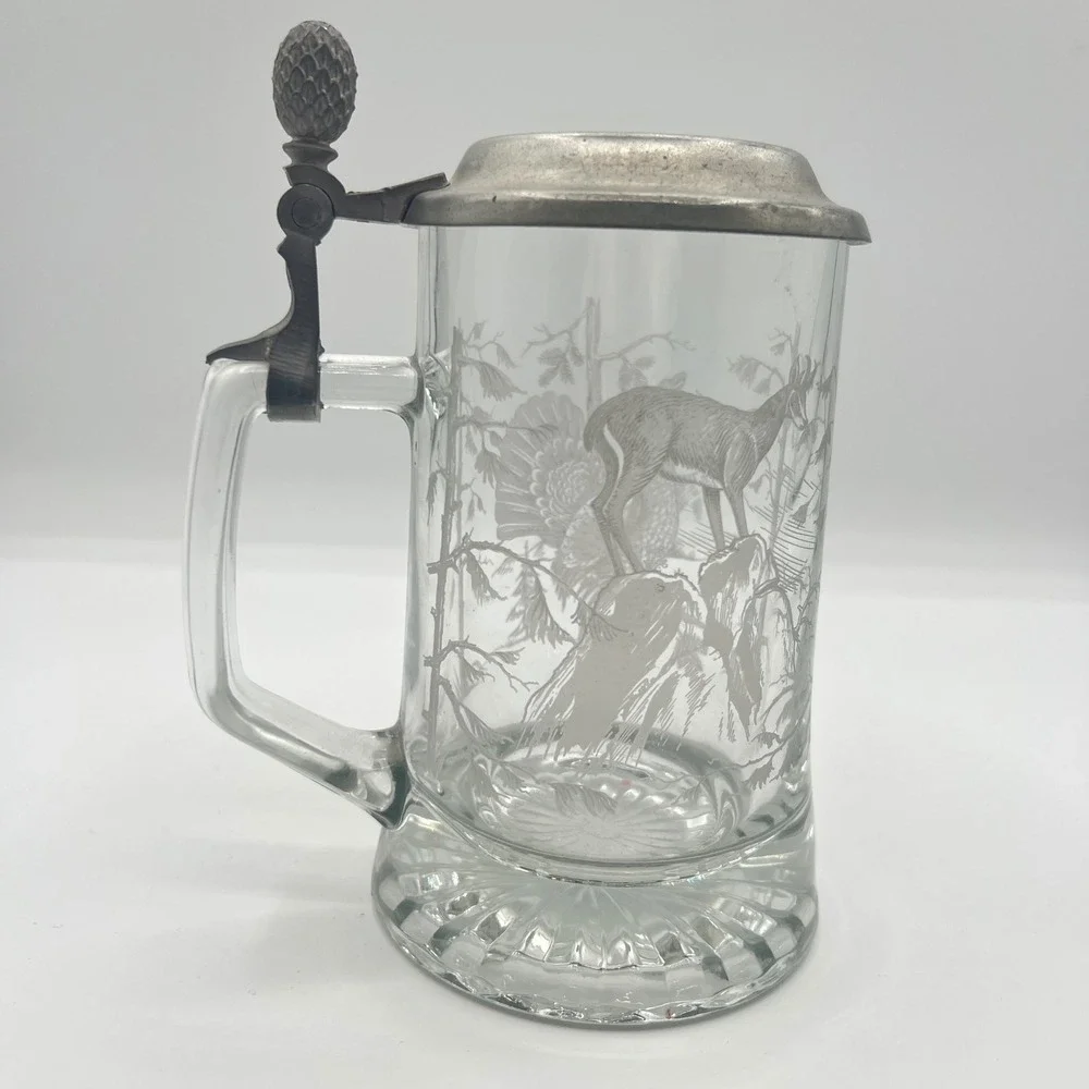 Vintage‎ Regenhutte Etched Glass Beer Stein Deer Game Bird German Style
